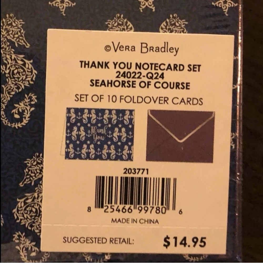 Vera Bradley Thank You Notecard Set. Navy Seahorse Design-EB